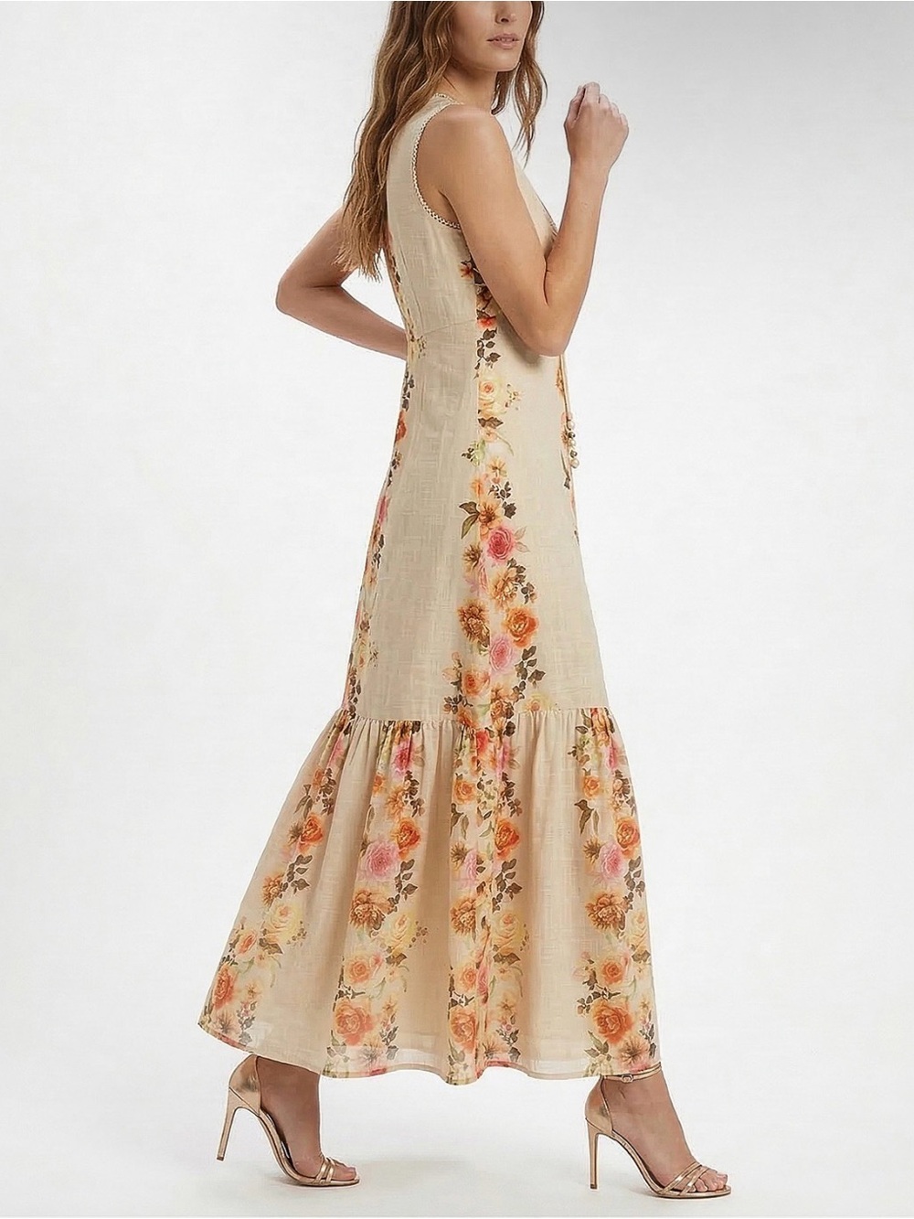 NWT TAYLOR SLEEVELESS KEYHOLE FLORAL YELLOW/RED FLOUNCE MAXI DRESS SIZE 12